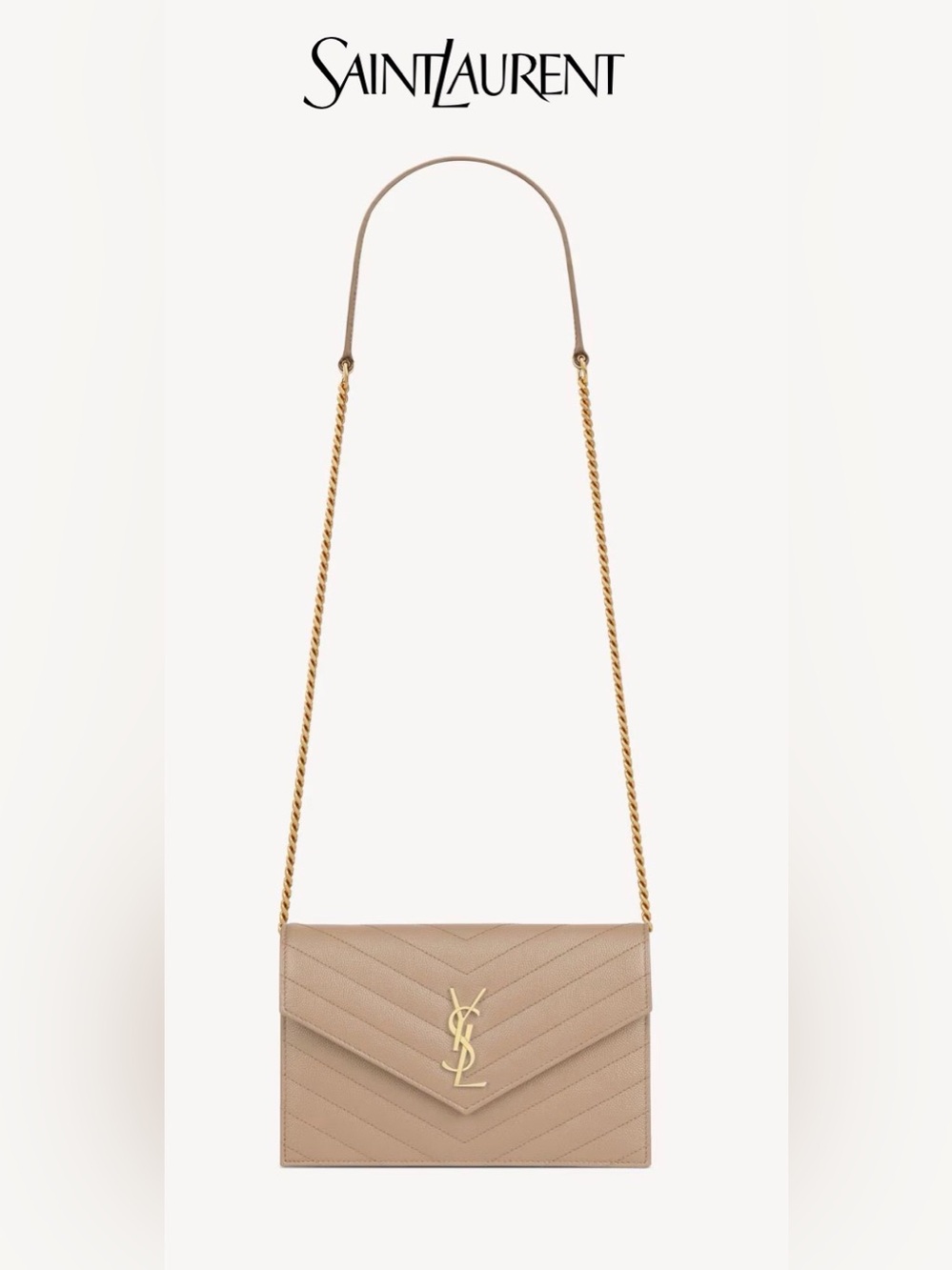 Saint Laurent CASSANDRE ENVELOPE CHAIN WALLET IN GRAIN DE POUDRE LEATHER BEIGE